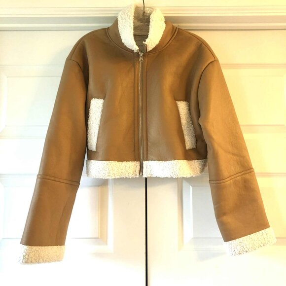 New LOVE TREE Cropped Shearling Trim Vegan Leather Jacket Camel S - Picture 3 of 7